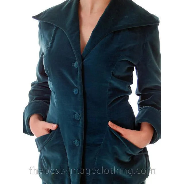 Vintage Teal Velvet Ladies 1950s Suit Plus Matching Hat 36-26-37