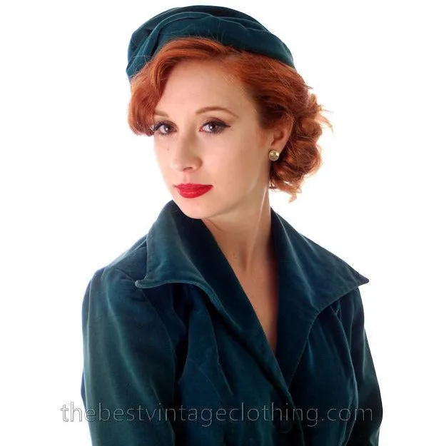 Vintage Teal Velvet Ladies 1950s Suit Plus Matching Hat 36-26-37