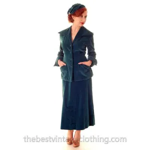 Vintage Teal Velvet Ladies 1950s Suit Plus Matching Hat 36-26-37