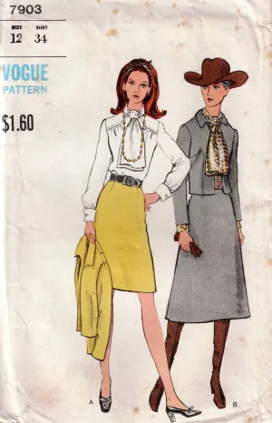 Vogue 7903 Womens Skirt Suit & Blouse with Tie & French Cuffs 1970s Vintage Sewing Pattern Size 12 Bust 34 inches