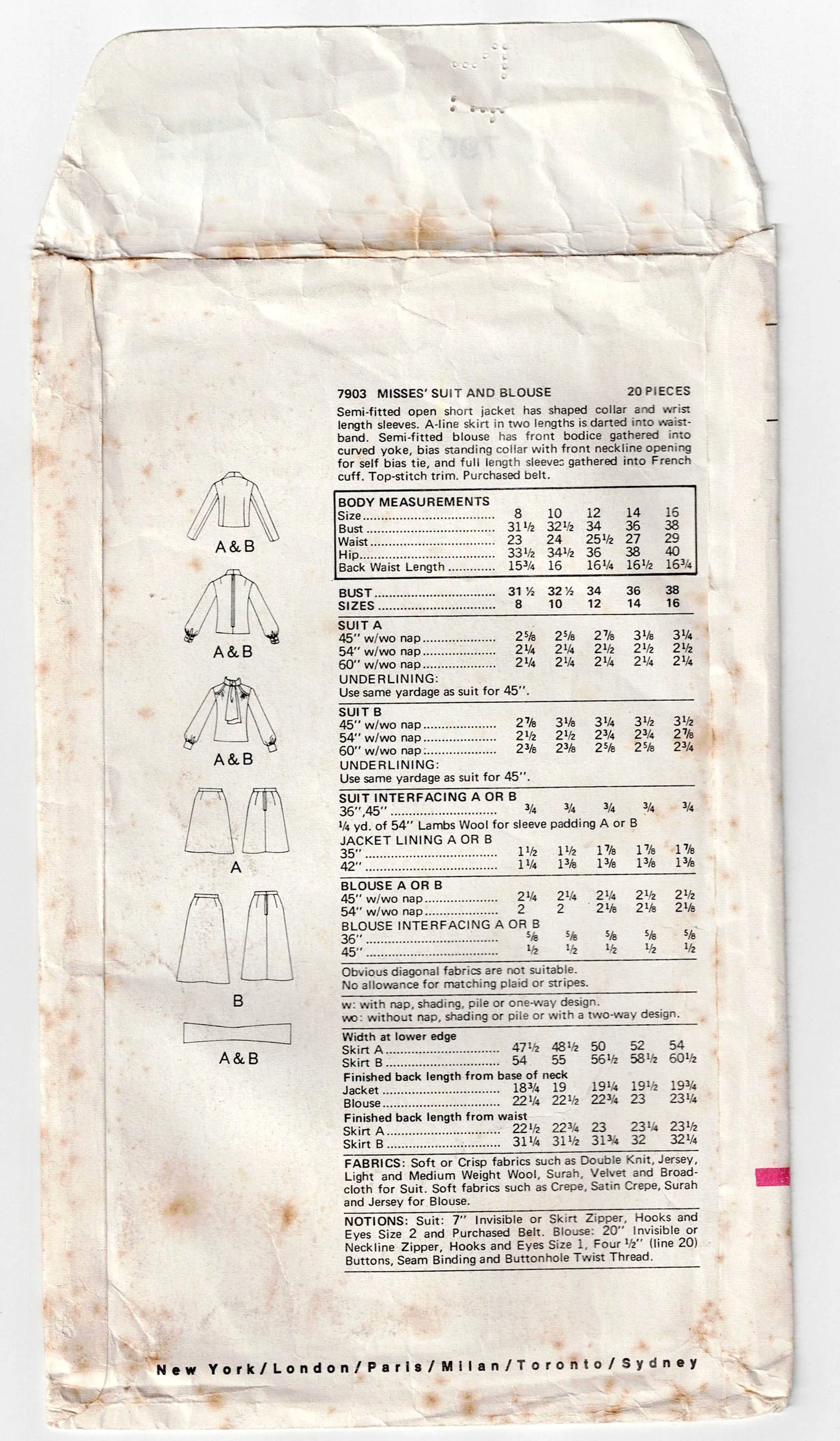 Vogue 7903 Womens Skirt Suit & Blouse with Tie & French Cuffs 1970s Vintage Sewing Pattern Size 12 Bust 34 inches