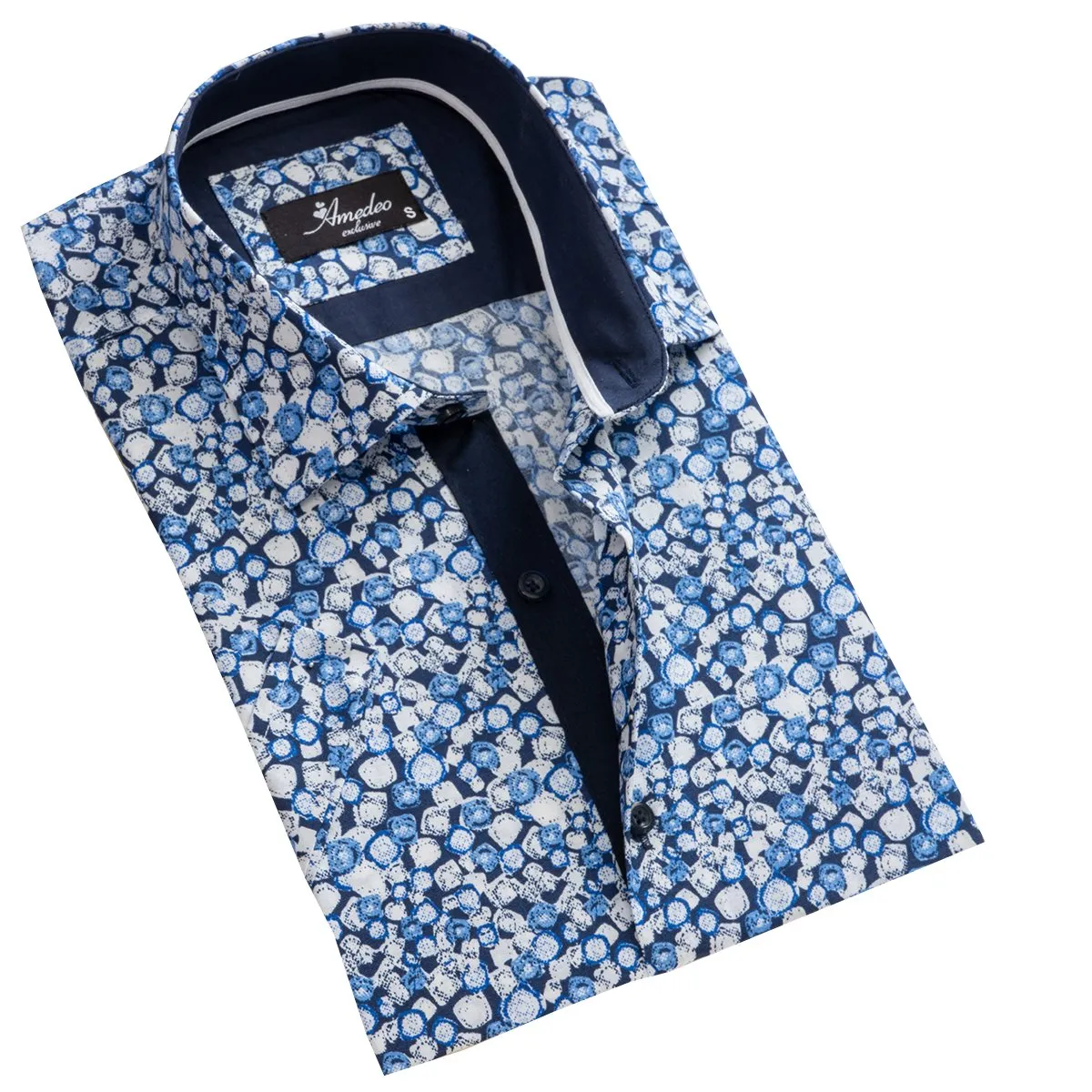 White Blue Circles Mens Short Sleeve Button up Shirts - Tailored Slim Fit Cotton Dress Shirts