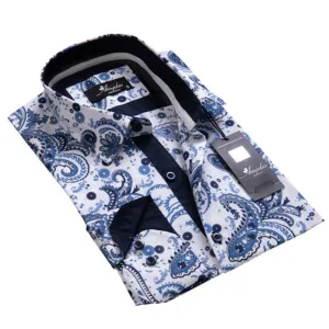 White Blue Paisley Mens Slim Fit Designer Dress Shirt - tailored Cotton Shirts for Work and Casual