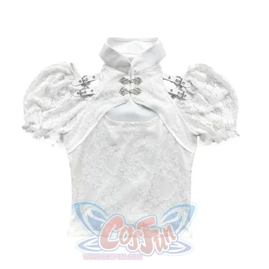 White Lace Chinese Style Bubble Sleeves Stand Collar Shirt