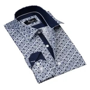 White with Blue Floral Mens Slim Fit Designer Dress Shirt - tailored Cotton Shirts for Work and