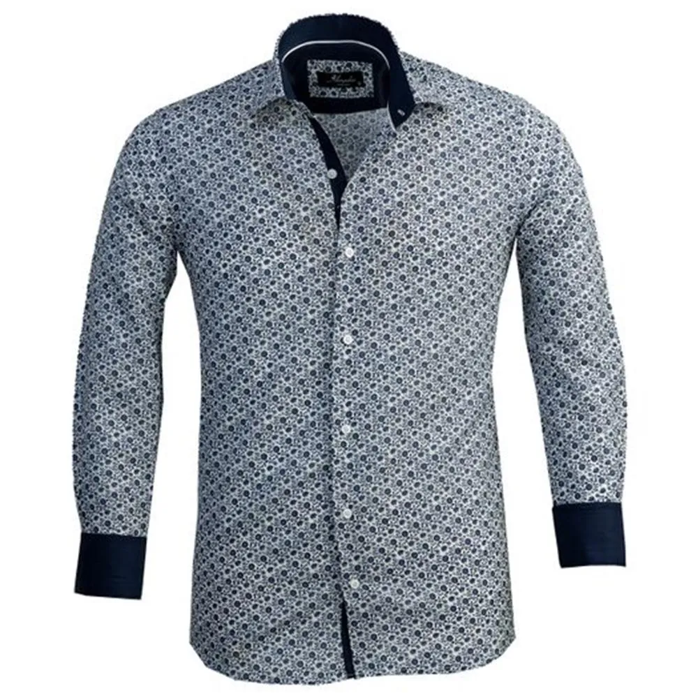 White with Blue Floral Mens Slim Fit Designer Dress Shirt - tailored Cotton Shirts for Work and