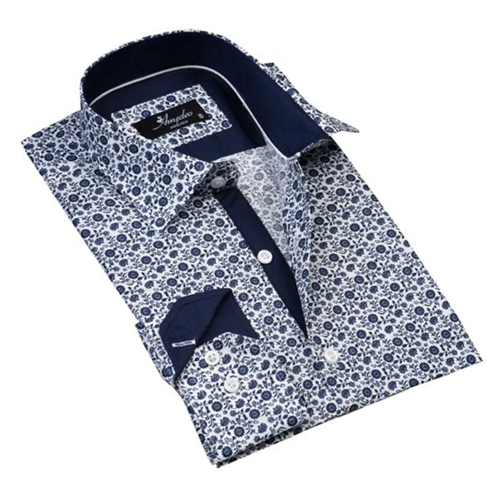 White with Blue Floral Mens Slim Fit Designer Dress Shirt - tailored Cotton Shirts for Work and