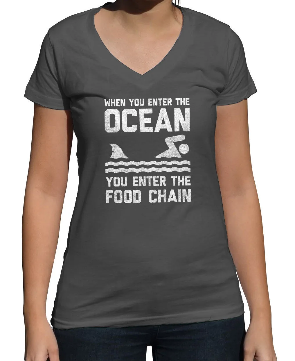 Women's When You Enter the Ocean You Enter the Food Chain Shark Vneck T-Shirt
